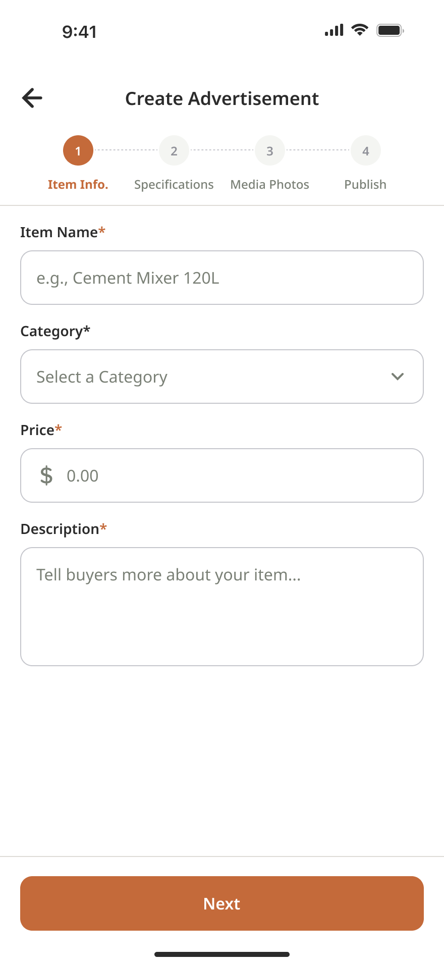 Add item name, category and price