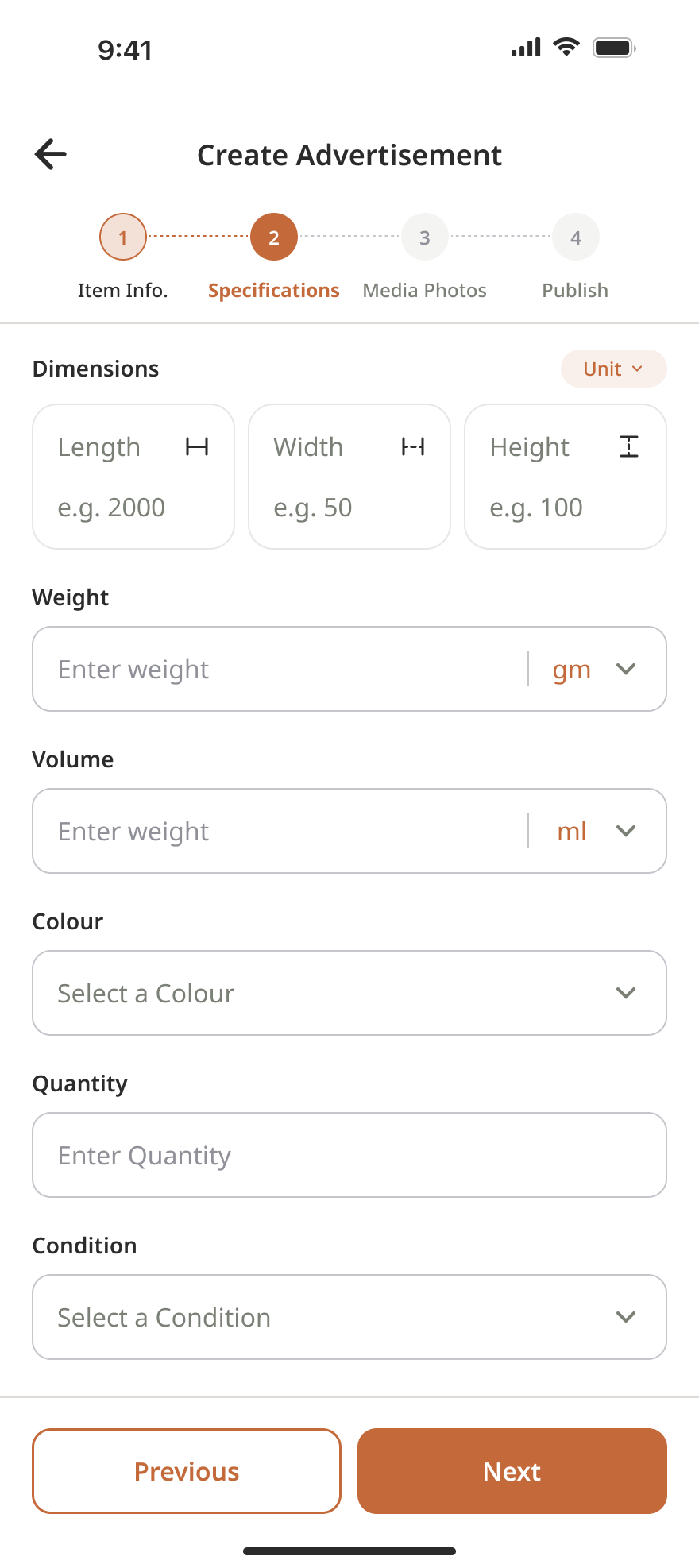 Add dimensions, weight, colour and quantity