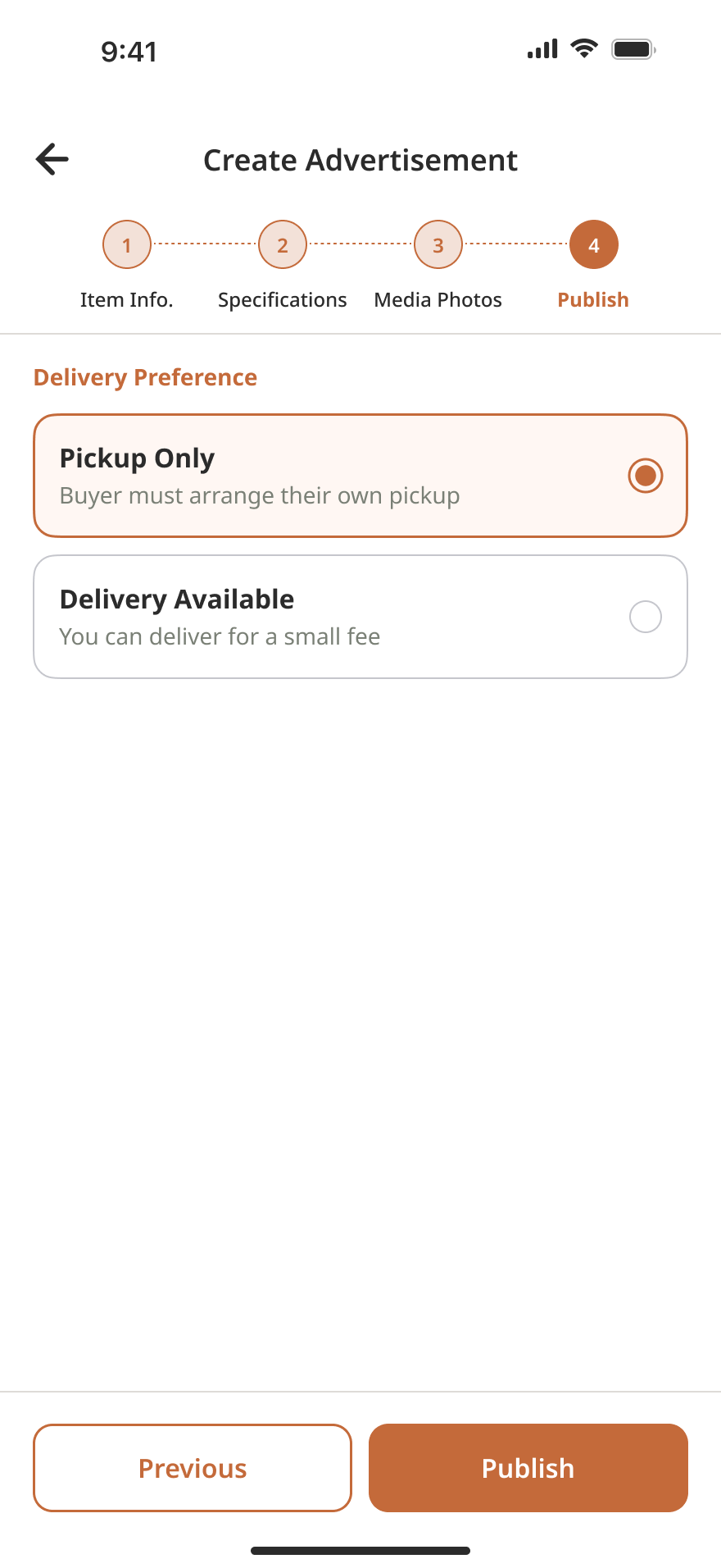 Choose pickup or delivery and publish